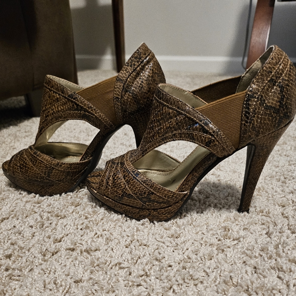 Black and Brown Snakeskin Peep Toe Heels